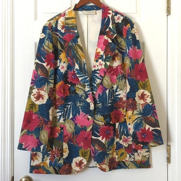 Casual Corner 80's Vintage Floral Lightweight Linen Blend Boxy Blazer Jacket L - Picture 1 of 12